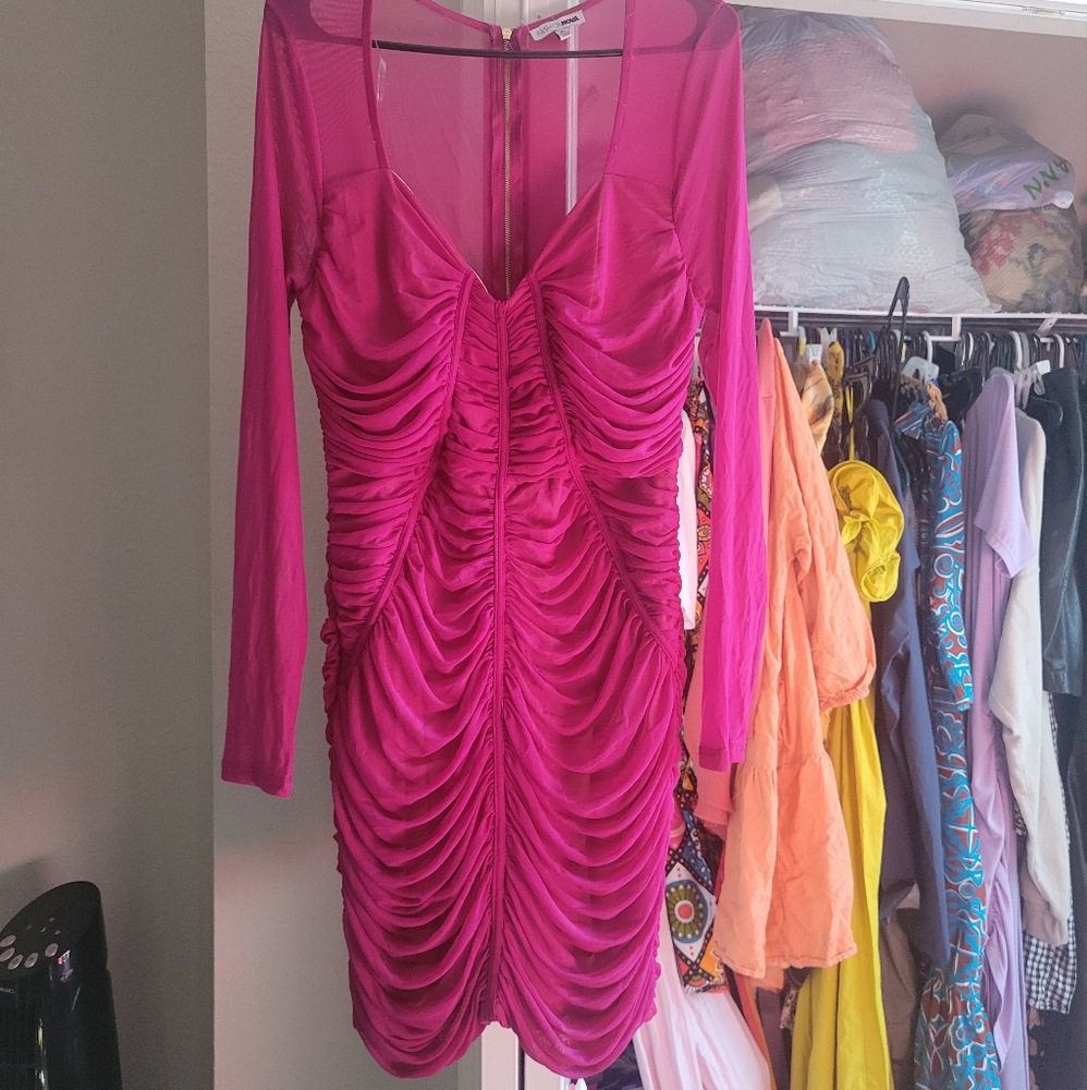 Hot Pink Ruched Mesh Mini Dress